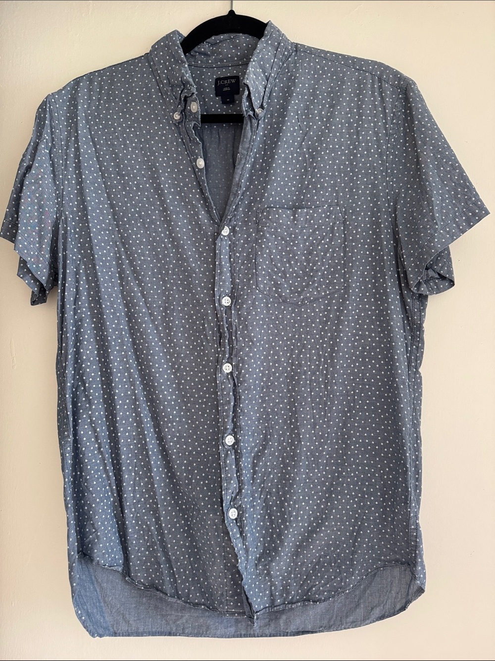 J. Crew Men’s Short-Sleeve Button-Down Shirt in Dusty Blue with White Dot Print